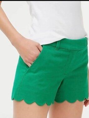 J.Crew Scalloped Hem Shorts Women 12 Green Linen Blend Mid Rise Preppy